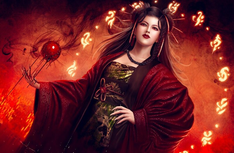Woman in Red Kimono — Dramatic, Digital Art, Red Ball