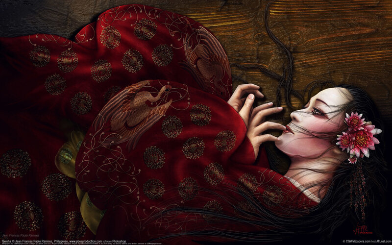 Woman in Red Kimono — Dramatic, Digital Art