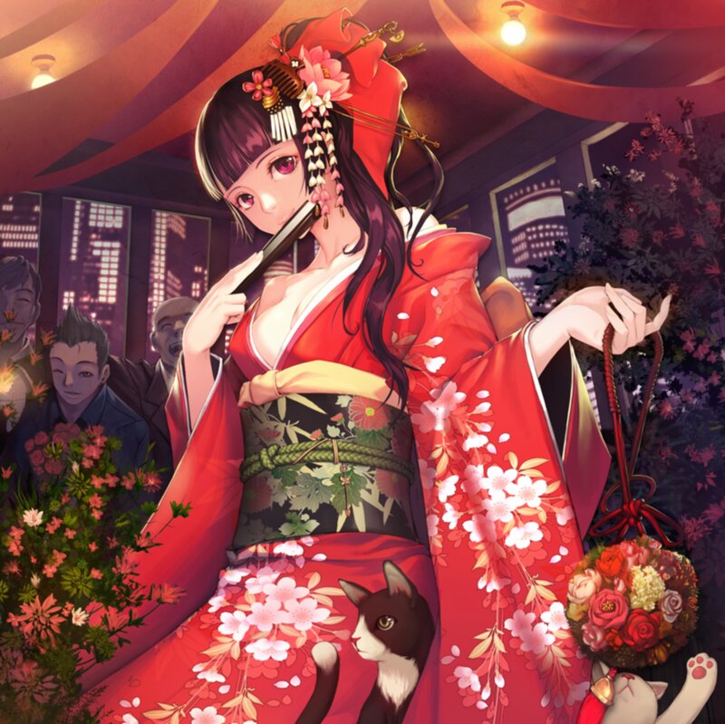 Woman in Red Kimono — Dramatic, Night, Anime