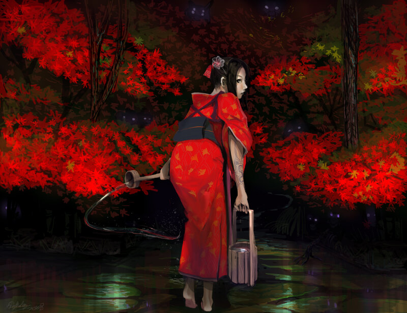 Woman in Red Kimono — Dramatic, Night, Digital Art