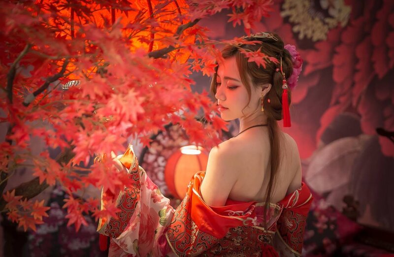 Woman in Red Kimono — Dramatic, Night, Photograph