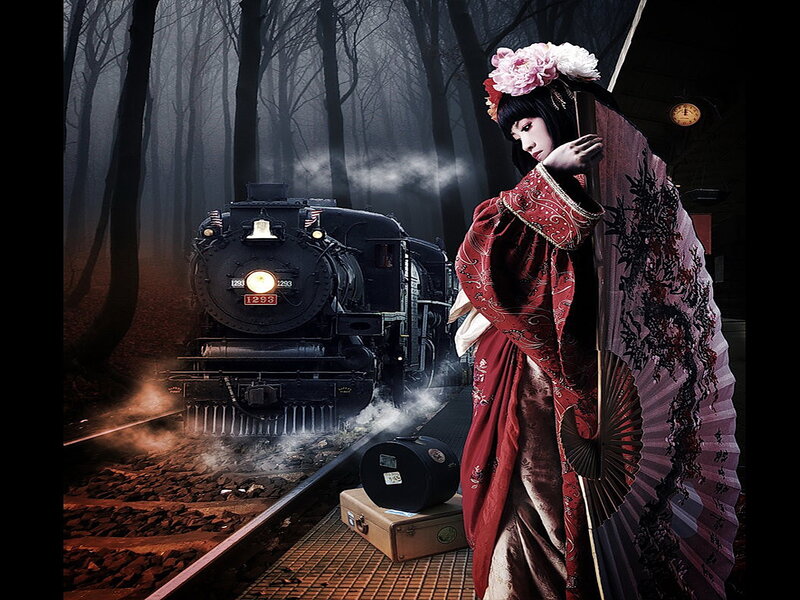 Woman in Red Kimono — Dramatic, Night
