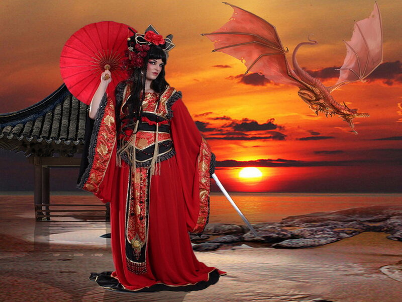 Woman in Red Kimono — Dramatic, Sunset, Digital Art, Dragon