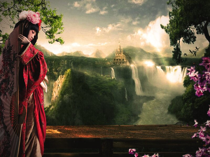 Woman in Red Kimono — Dramatic, Sunset, Digital Art, Fan
