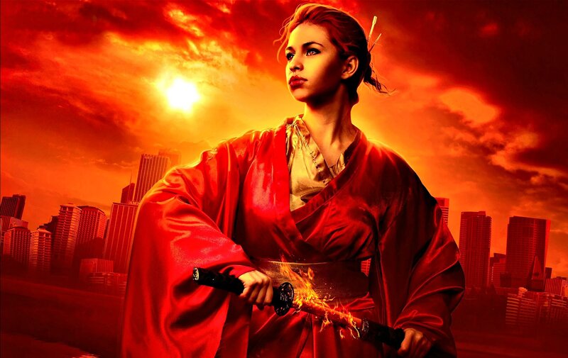 Woman in Red Kimono — Dramatic, Sunset, Digital Art, Sword, City Skyline