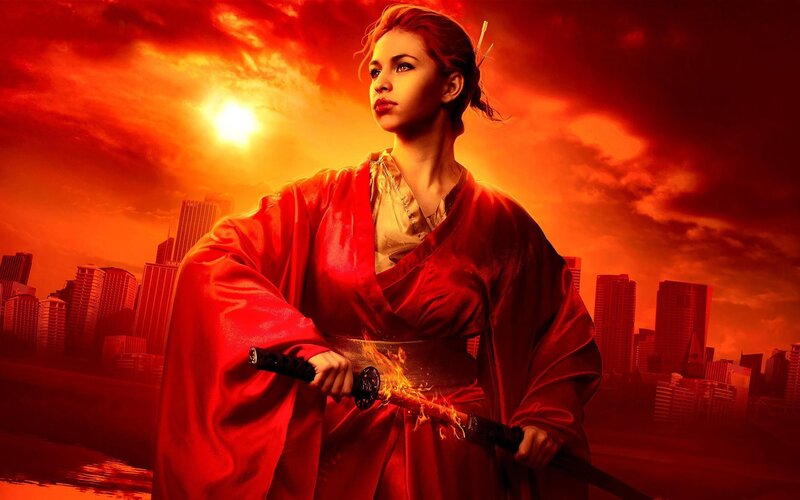 Woman in Red Kimono — Dramatic, Sunset, Digital Art, Sword