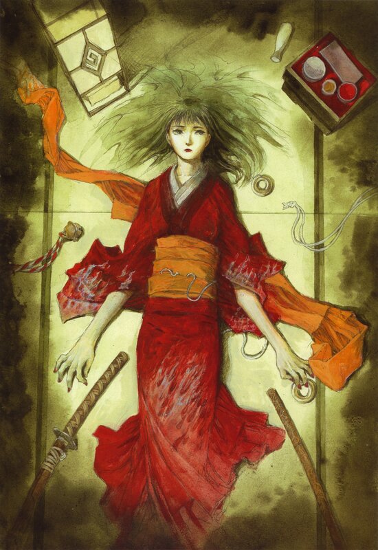 Woman in red kimono floating