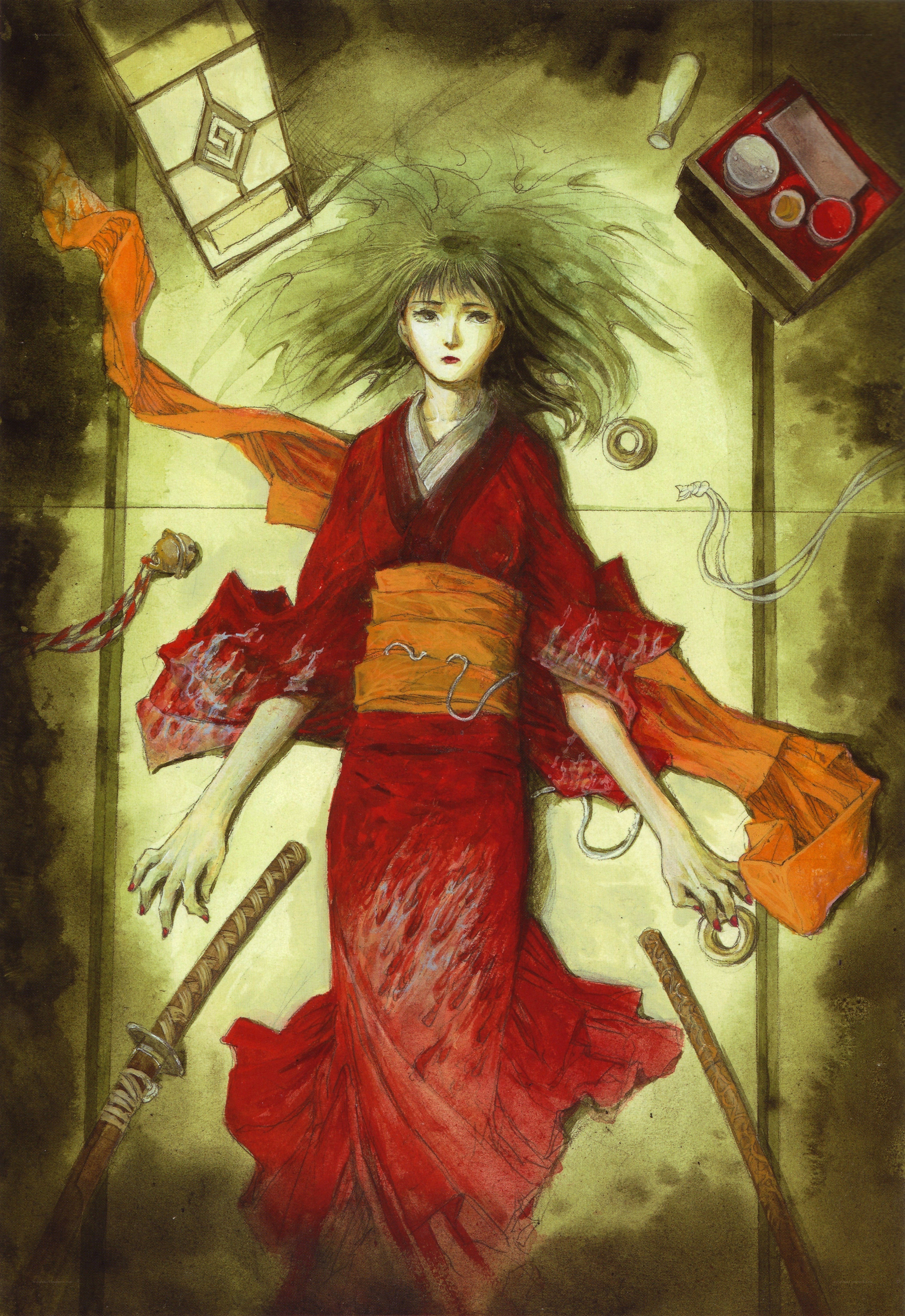 Woman in red kimono floating