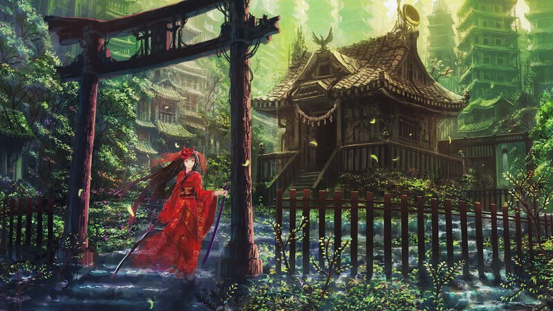 Woman in Red Kimono — Serene, Afternoon, Digital Art, Torii Gate