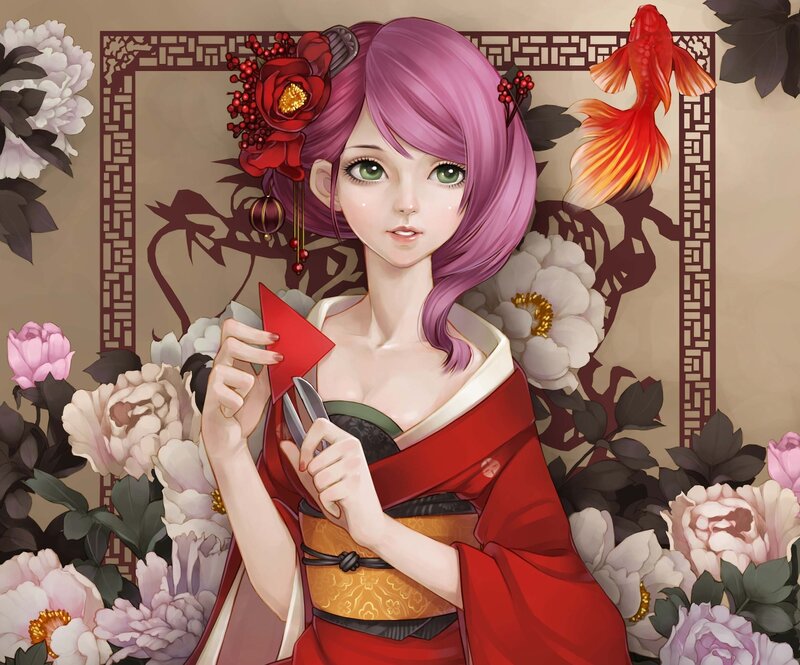 Woman in Red Kimono — Serene, Digital Art, Flower