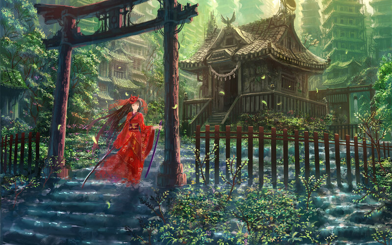 Woman in Red Kimono — Serene, Morning, Digital Art, Sword