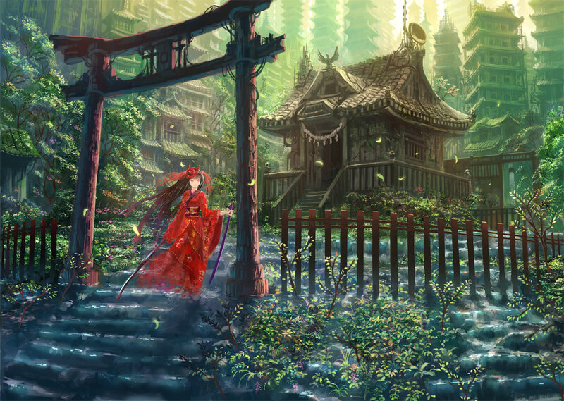 Woman in Red Kimono — Serene, Morning, Digital Art