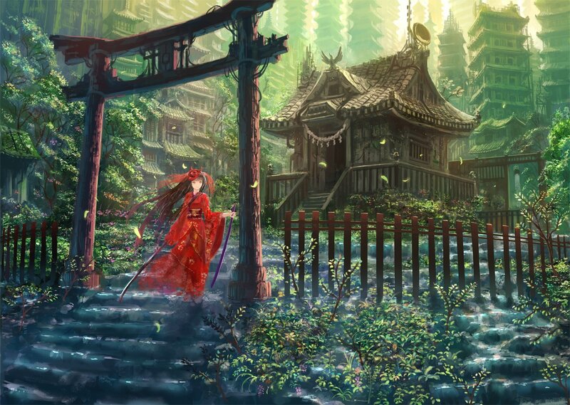 Woman in Red Kimono — Serene, Morning, Digital Art, Torii Gate