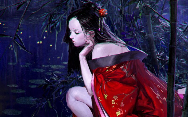 Woman in Red Kimono — Serene, Night, Digital Art, Bamboo