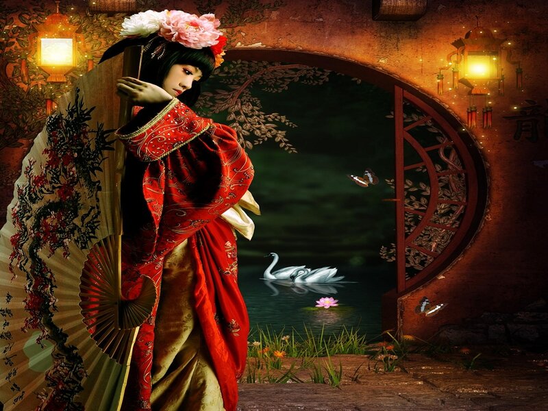 Woman in Red Kimono — Serene, Night, Digital Art, Fan