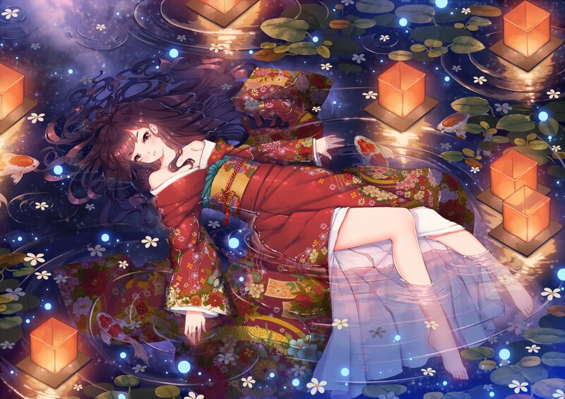 Woman in Red Kimono — Serene, Night, Digital Art, Koi Fish