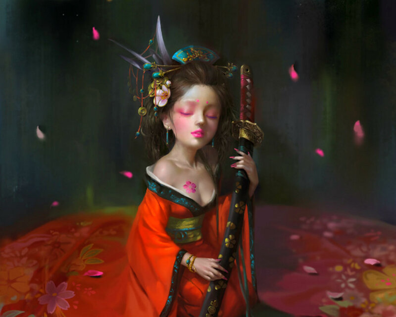Woman in Red Kimono — Serene, Night, Digital Art, Sword