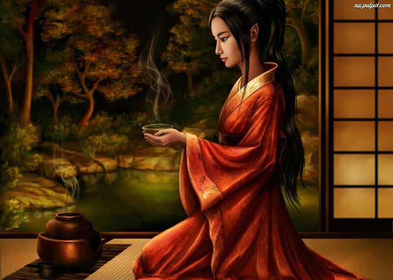 Woman in Red Kimono — Serene, Night, Digital Art, Tea Cup