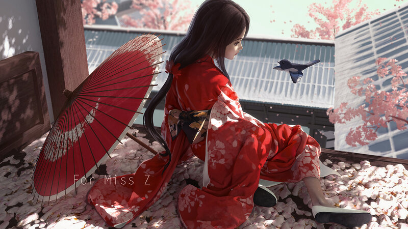 Woman in Red Kimono — Serene, Spring, Digital Art, Cherry Blossoms, Bird