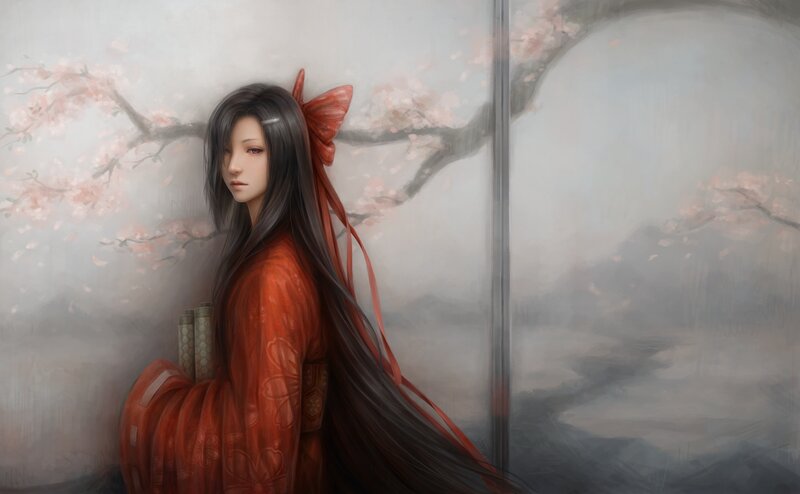 Woman in Red Kimono — Serene, Spring, Digital Art, Cherry Blossoms