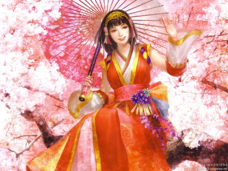 Woman in Red Kimono — Serene, Spring, Digital Art, Cherry Blossoms, Umbrella