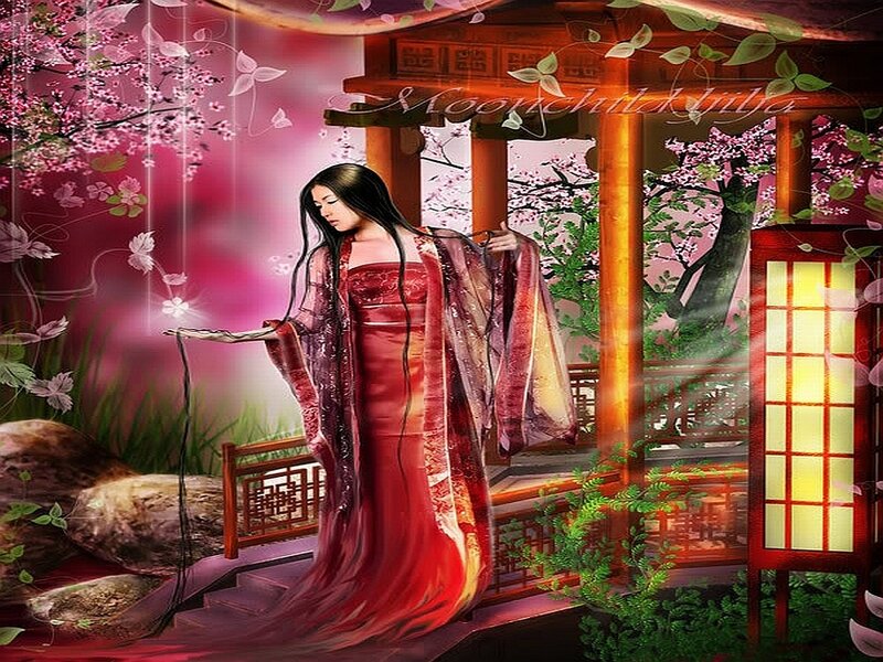 Woman in Red Kimono — Serene, Spring