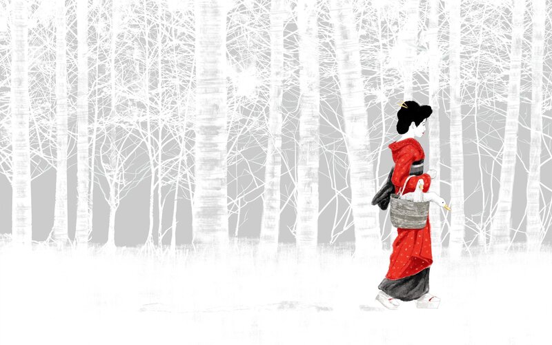 Woman in Red Kimono — Serene, Winter