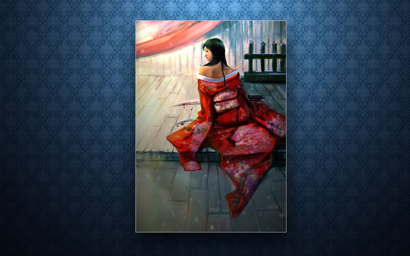 woman in red kimono sitting
