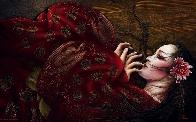 woman in red kimono sleeping