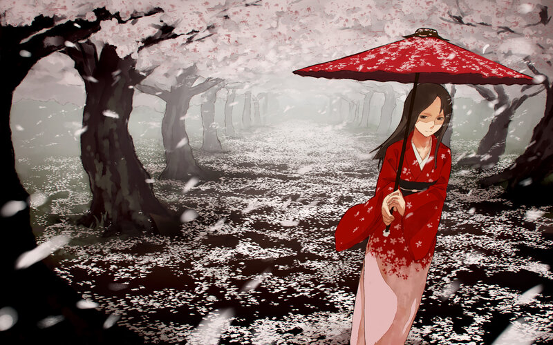 Woman in red kimono under cherry blossoms