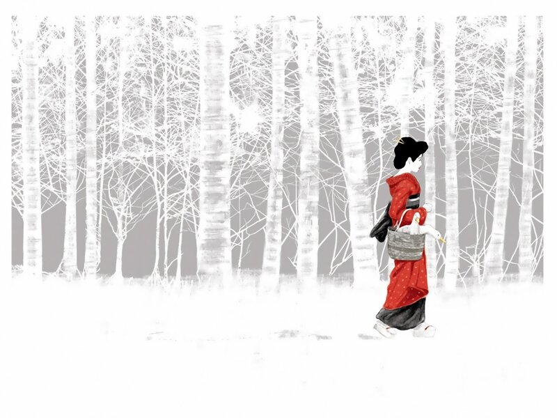 Woman in red kimono walking