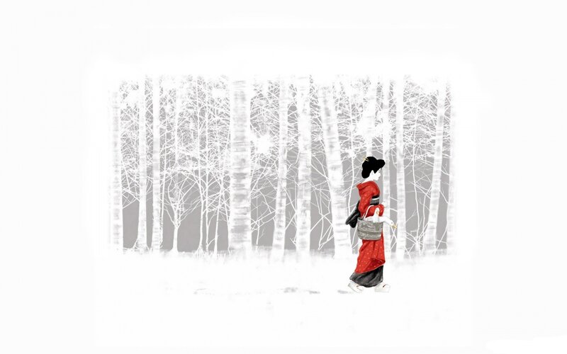 woman in red kimono walking