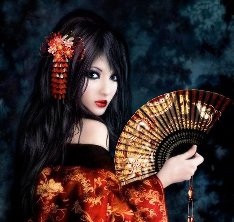 woman in red kimono with fan