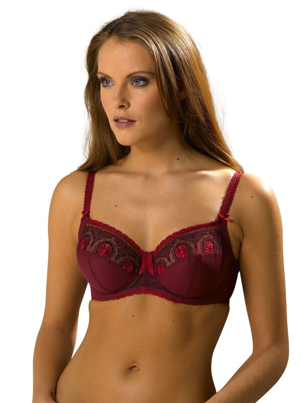 woman in red lace bra