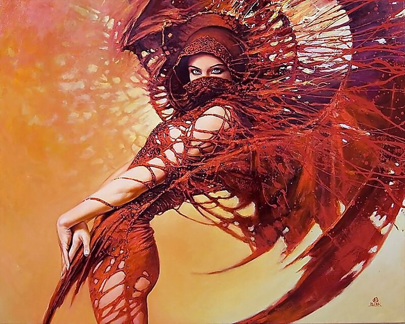 woman in red lace costume