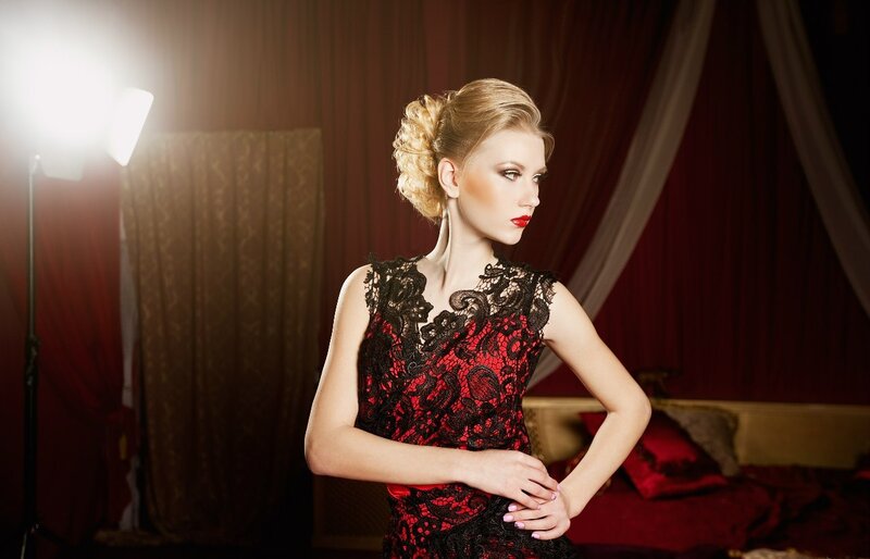 Woman in Red Lace Dress — Dramatic, Night