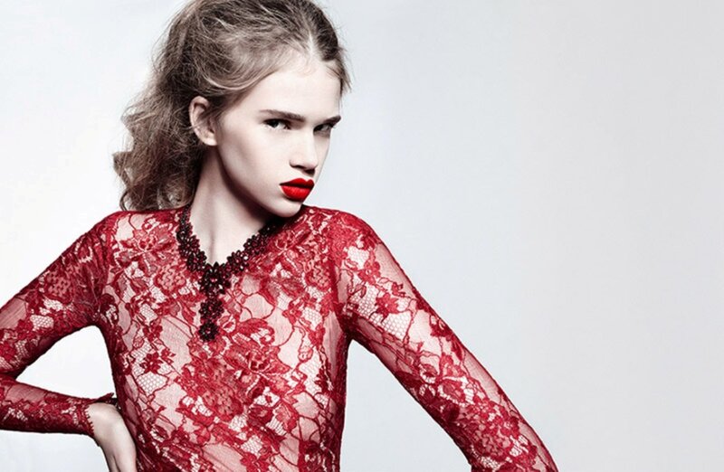 Woman in Red Lace Dress — Dramatic, Photograph