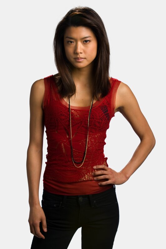 woman in red lace top