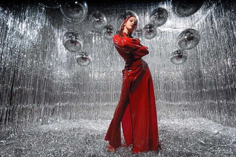 Woman in Red Latex Dress — Dramatic, Photograph, Disco Balls