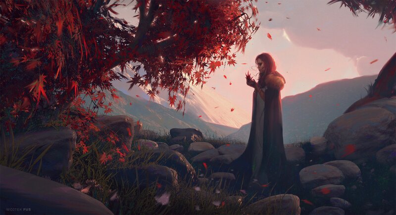 Woman in Red-leafed Tree