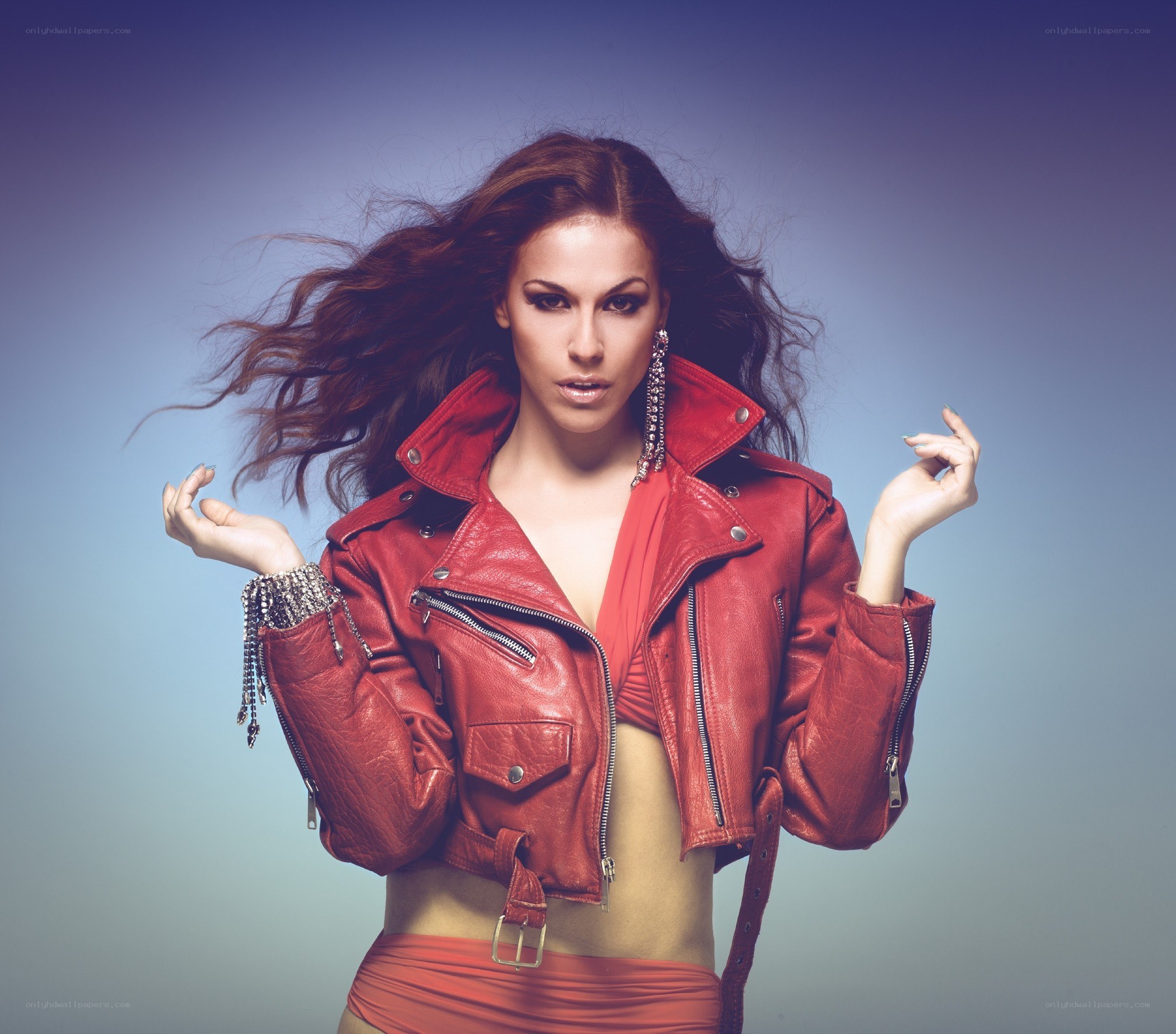 woman in red leather jacket