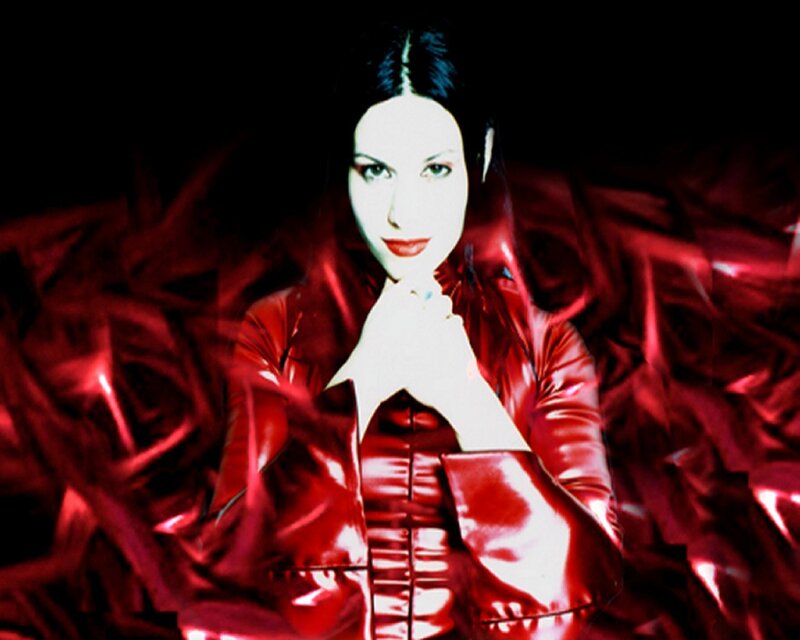 woman in red leather jacket