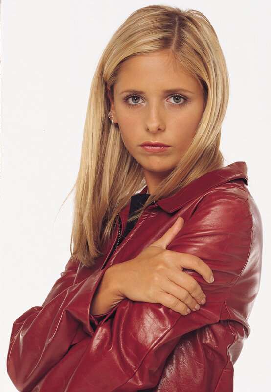 woman in red leather jacket