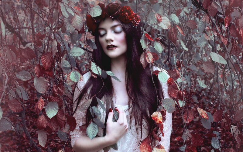 Woman in Red Leaves