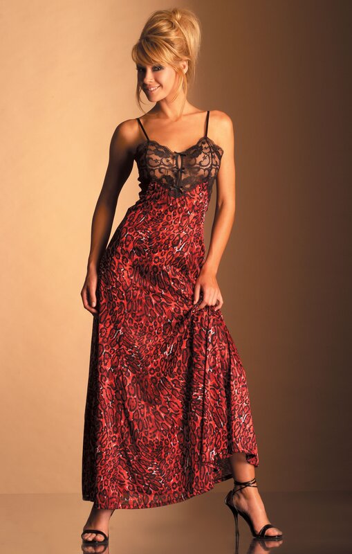 Woman in red leopard dress