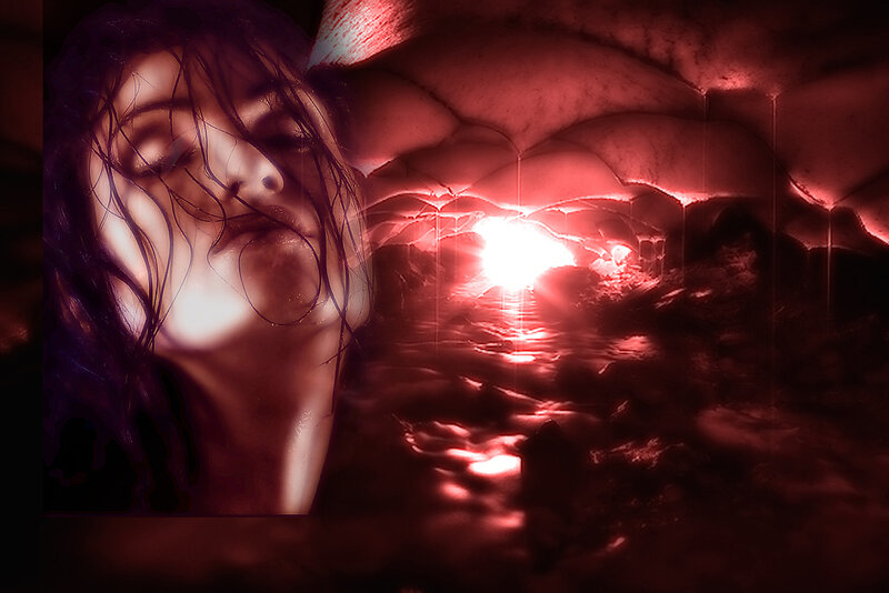 woman in red-lit cave