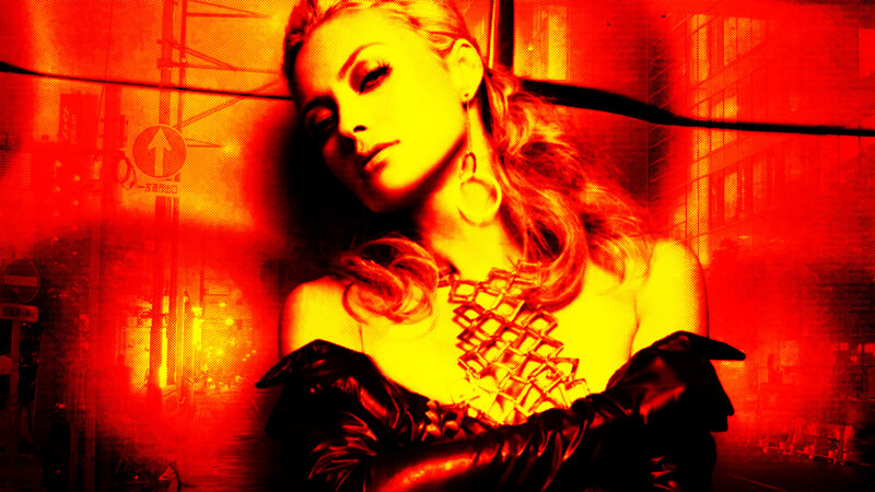 woman in red-lit city