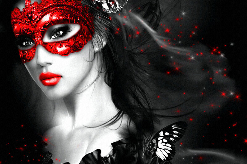 Woman in Red Mask — Dramatic, Digital Art, Butterfly