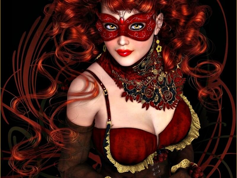 Woman in Red Mask — Dramatic, Digital Art, Curly Hair, Corset