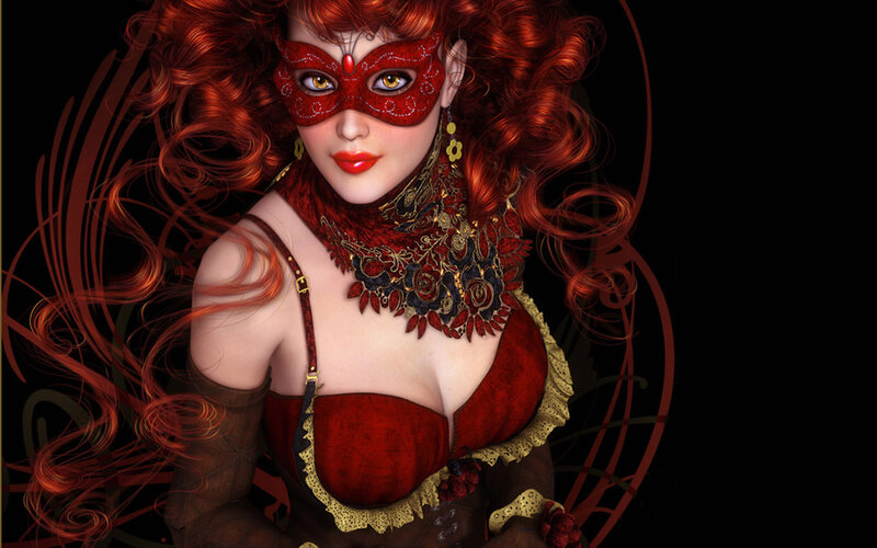 Woman in Red Mask — Dramatic, Digital Art, Curly Hair
